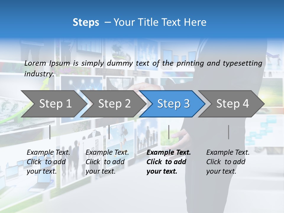 A Man In A Suit Pointing To A Wall Of Business Images PowerPoint Template