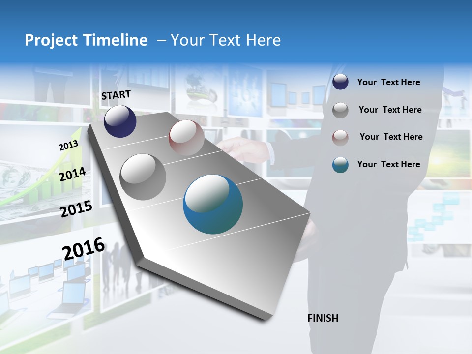 A Man In A Suit Pointing To A Wall Of Business Images PowerPoint Template