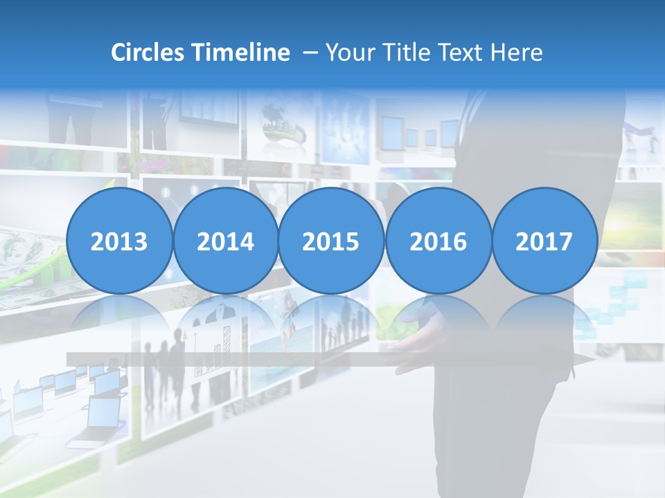 A Man In A Suit Pointing To A Wall Of Business Images PowerPoint Template