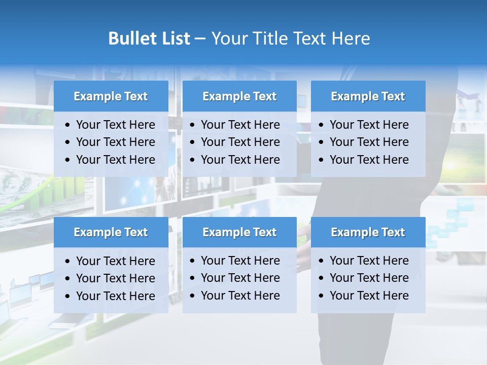 A Man In A Suit Pointing To A Wall Of Business Images PowerPoint Template