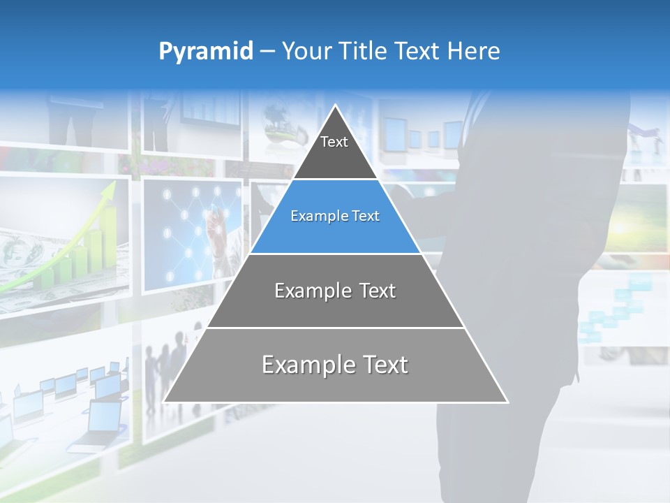A Man In A Suit Pointing To A Wall Of Business Images PowerPoint Template