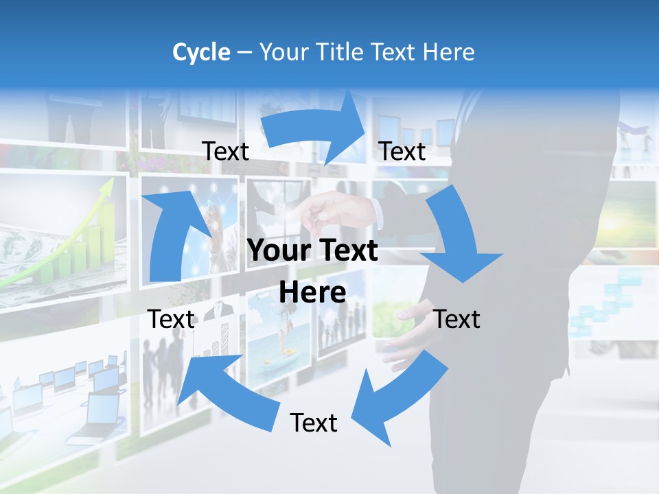 A Man In A Suit Pointing To A Wall Of Business Images PowerPoint Template