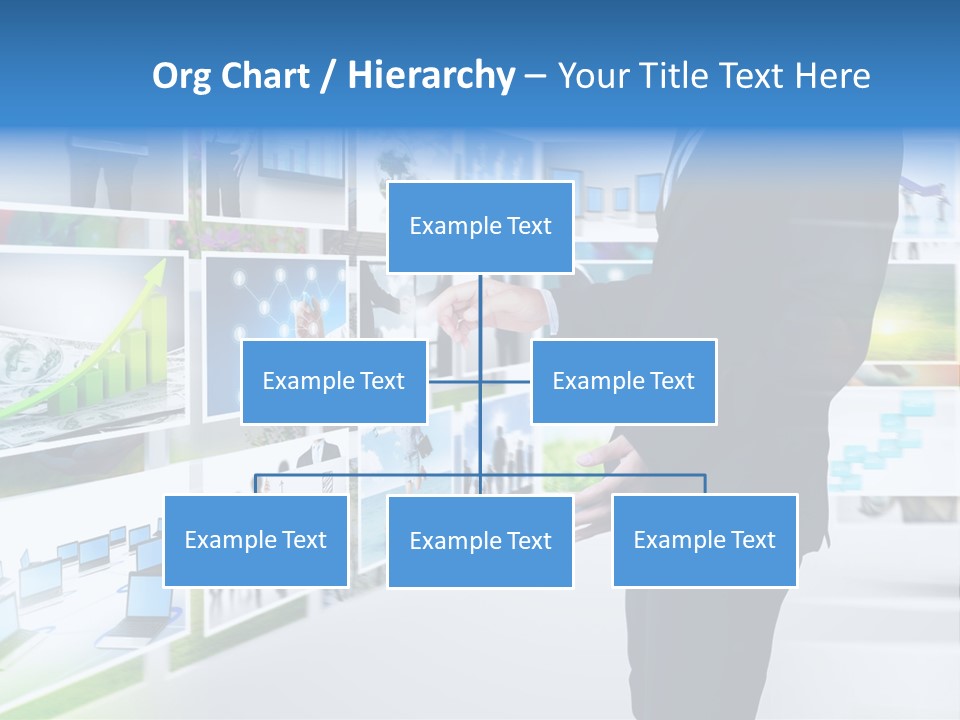 A Man In A Suit Pointing To A Wall Of Business Images PowerPoint Template