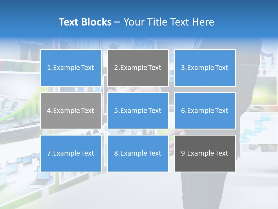 A Man In A Suit Pointing To A Wall Of Business Images PowerPoint Template