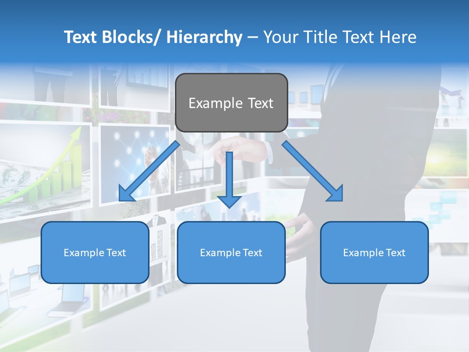 A Man In A Suit Pointing To A Wall Of Business Images PowerPoint Template