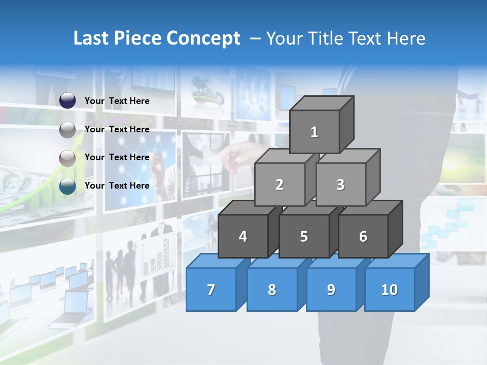 A Man In A Suit Pointing To A Wall Of Business Images PowerPoint Template