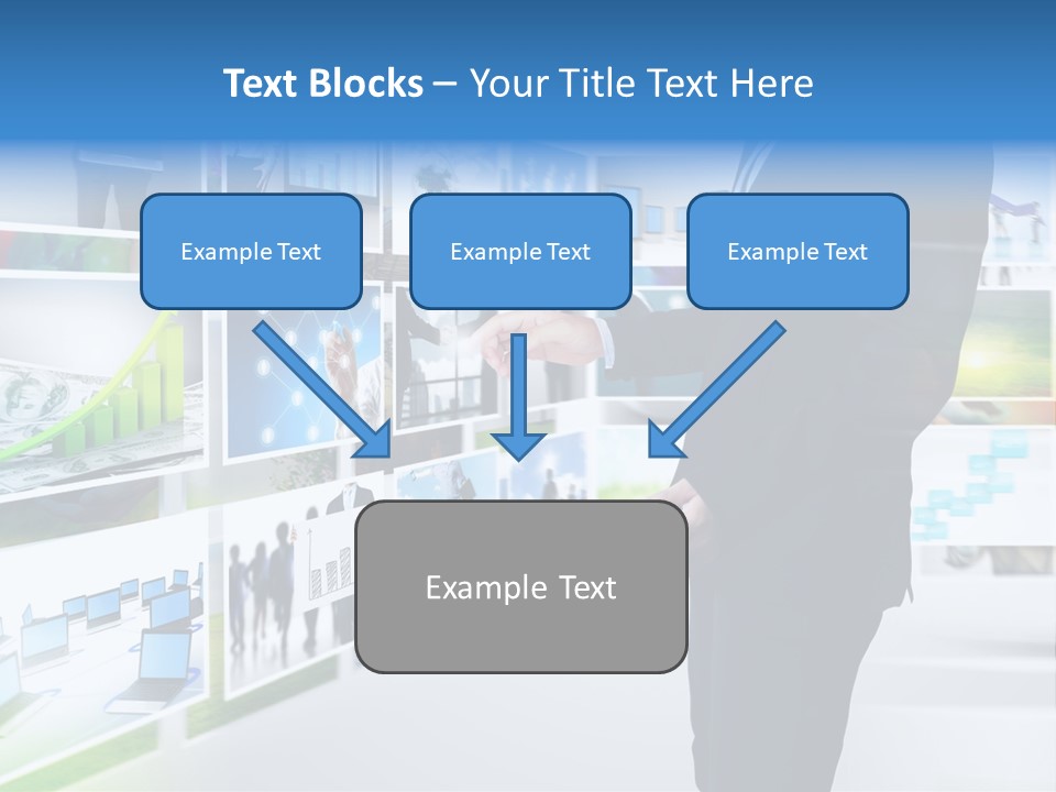 A Man In A Suit Pointing To A Wall Of Business Images PowerPoint Template