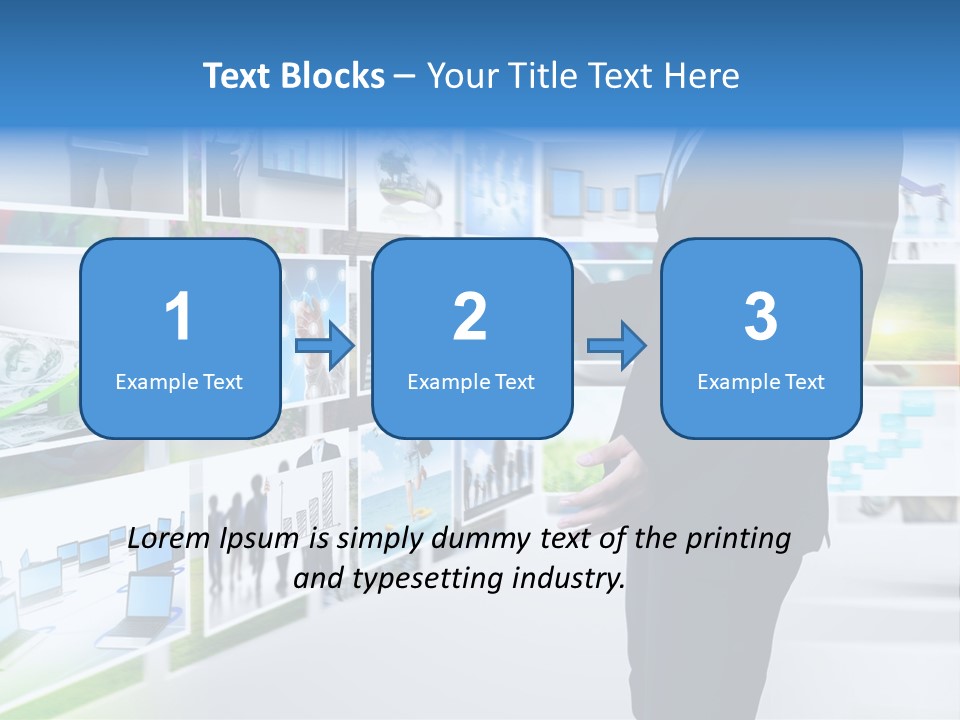 A Man In A Suit Pointing To A Wall Of Business Images PowerPoint Template