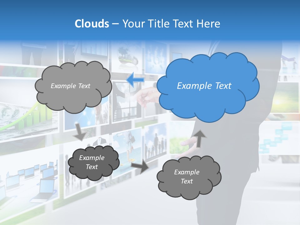 A Man In A Suit Pointing To A Wall Of Business Images PowerPoint Template