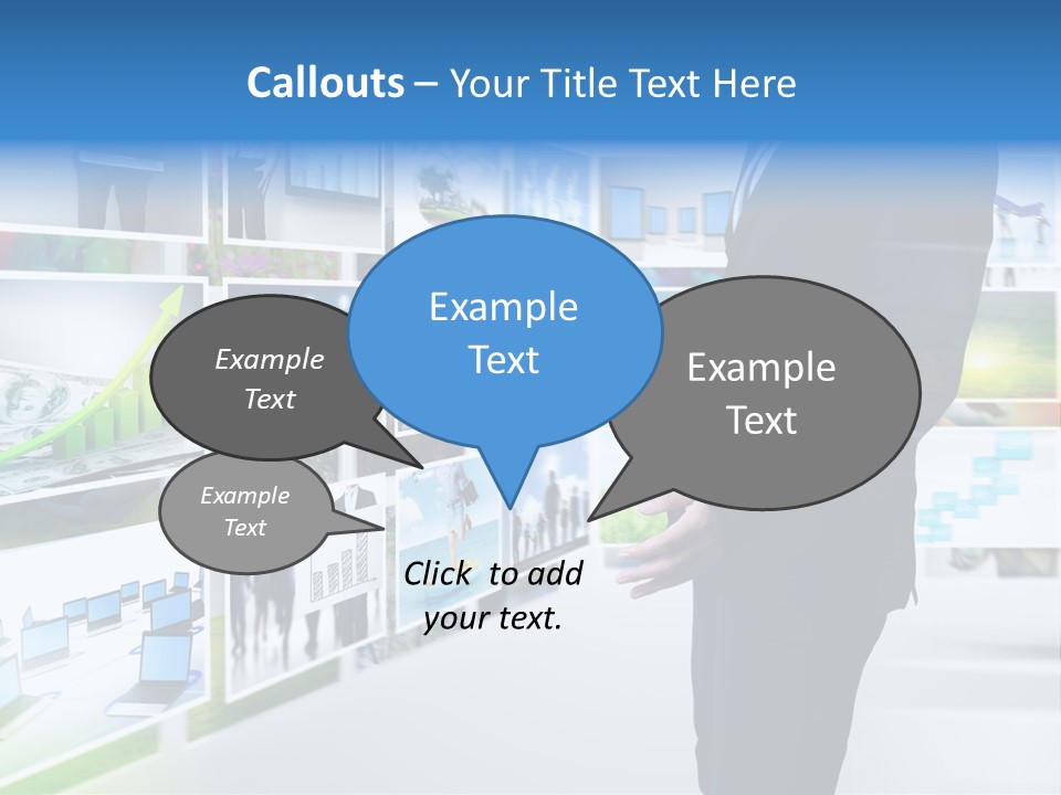 A Man In A Suit Pointing To A Wall Of Business Images PowerPoint Template