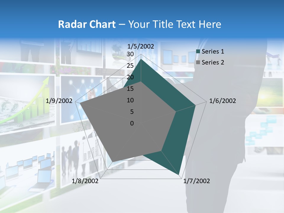 A Man In A Suit Pointing To A Wall Of Business Images PowerPoint Template