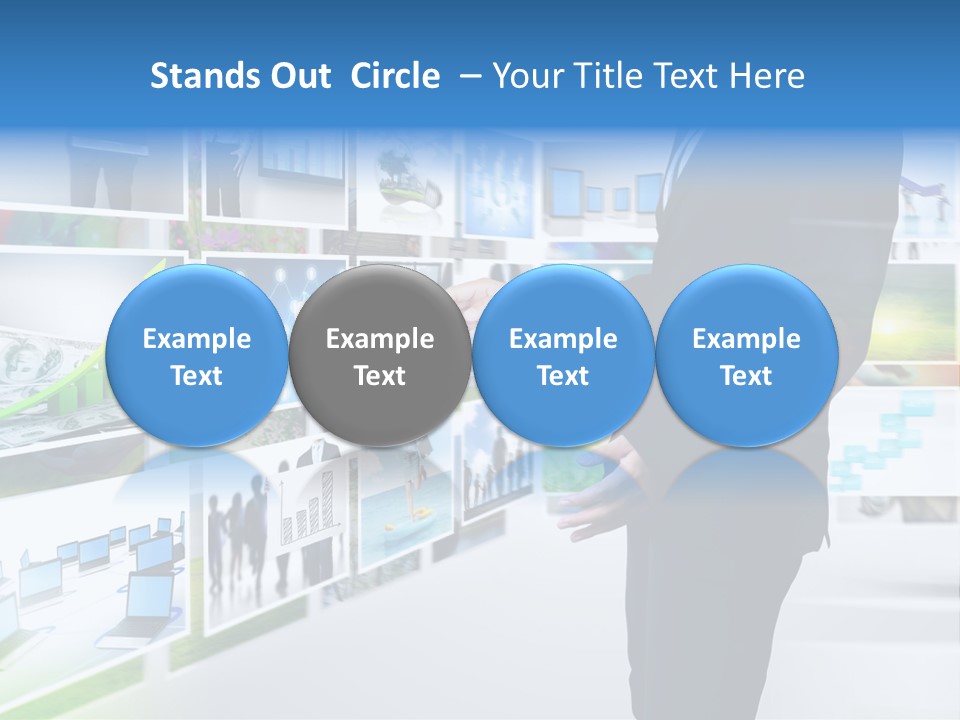 A Man In A Suit Pointing To A Wall Of Business Images PowerPoint Template