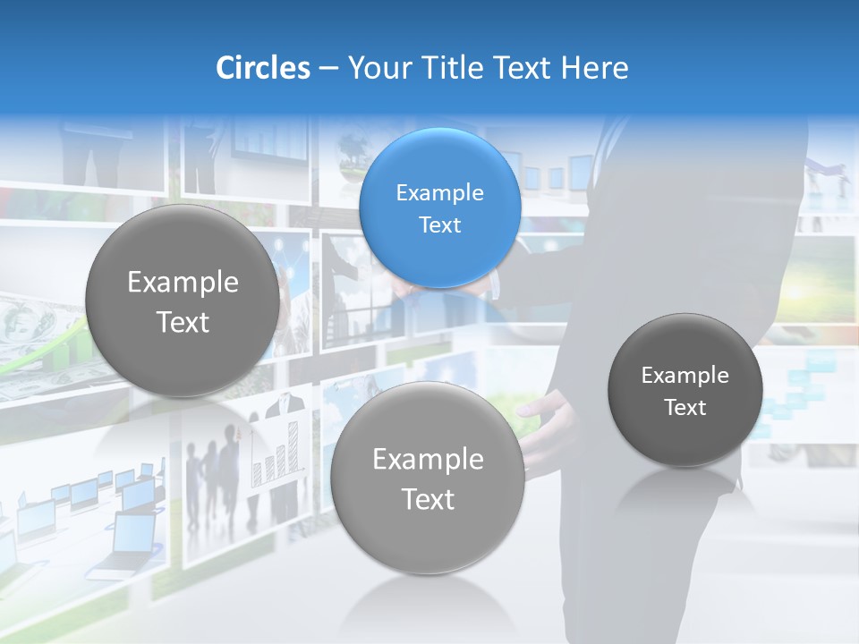 A Man In A Suit Pointing To A Wall Of Business Images PowerPoint Template