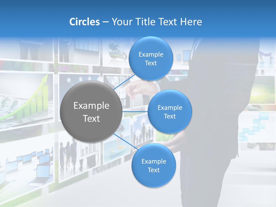 A Man In A Suit Pointing To A Wall Of Business Images PowerPoint Template