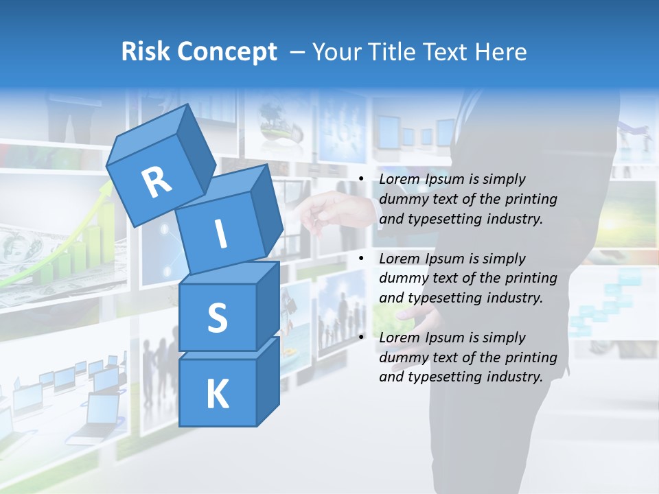 A Man In A Suit Pointing To A Wall Of Business Images PowerPoint Template