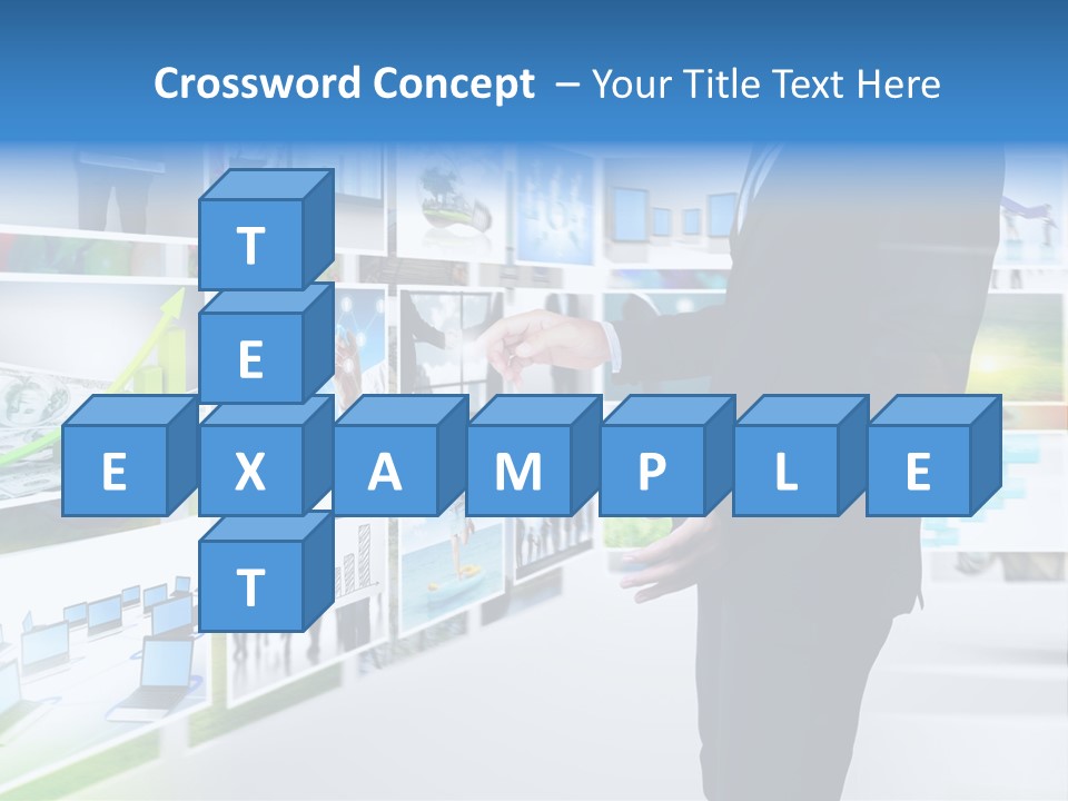 A Man In A Suit Pointing To A Wall Of Business Images PowerPoint Template