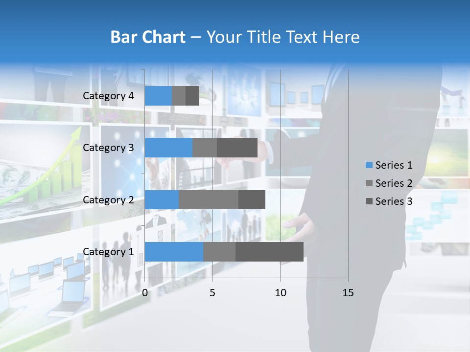 A Man In A Suit Pointing To A Wall Of Business Images PowerPoint Template