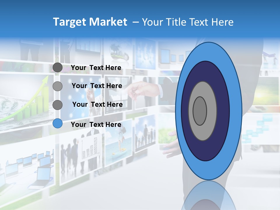 A Man In A Suit Pointing To A Wall Of Business Images PowerPoint Template