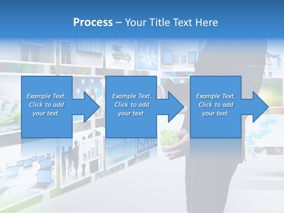 A Man In A Suit Pointing To A Wall Of Business Images PowerPoint Template