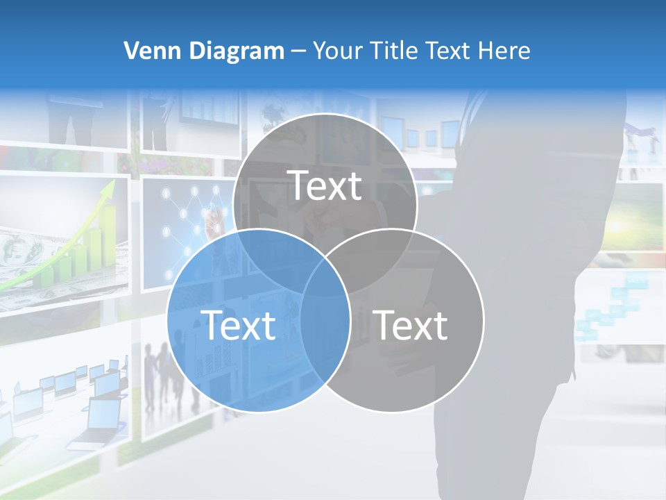 A Man In A Suit Pointing To A Wall Of Business Images PowerPoint Template