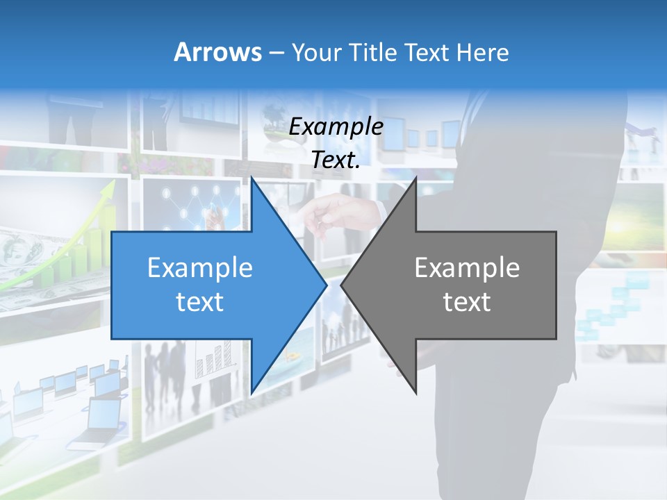 A Man In A Suit Pointing To A Wall Of Business Images PowerPoint Template