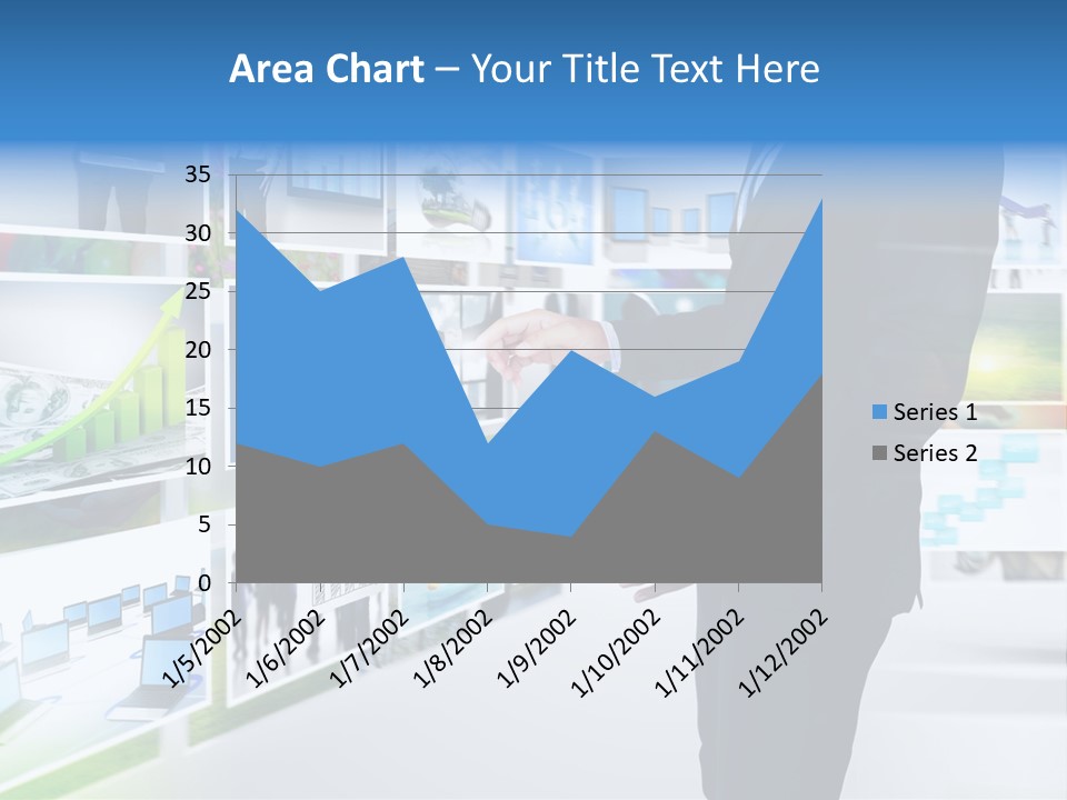 A Man In A Suit Pointing To A Wall Of Business Images PowerPoint Template