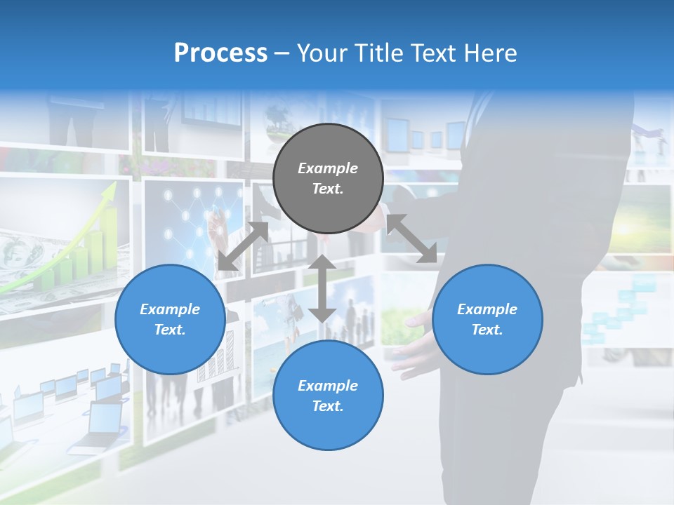 A Man In A Suit Pointing To A Wall Of Business Images PowerPoint Template
