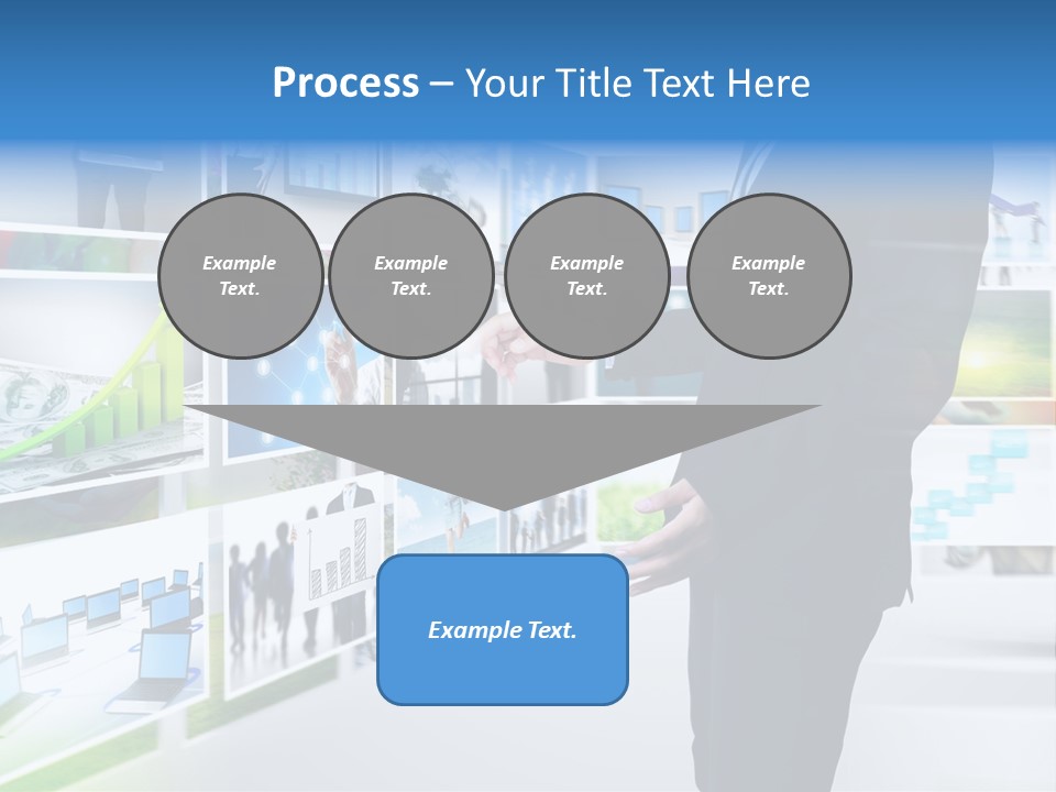 A Man In A Suit Pointing To A Wall Of Business Images PowerPoint Template