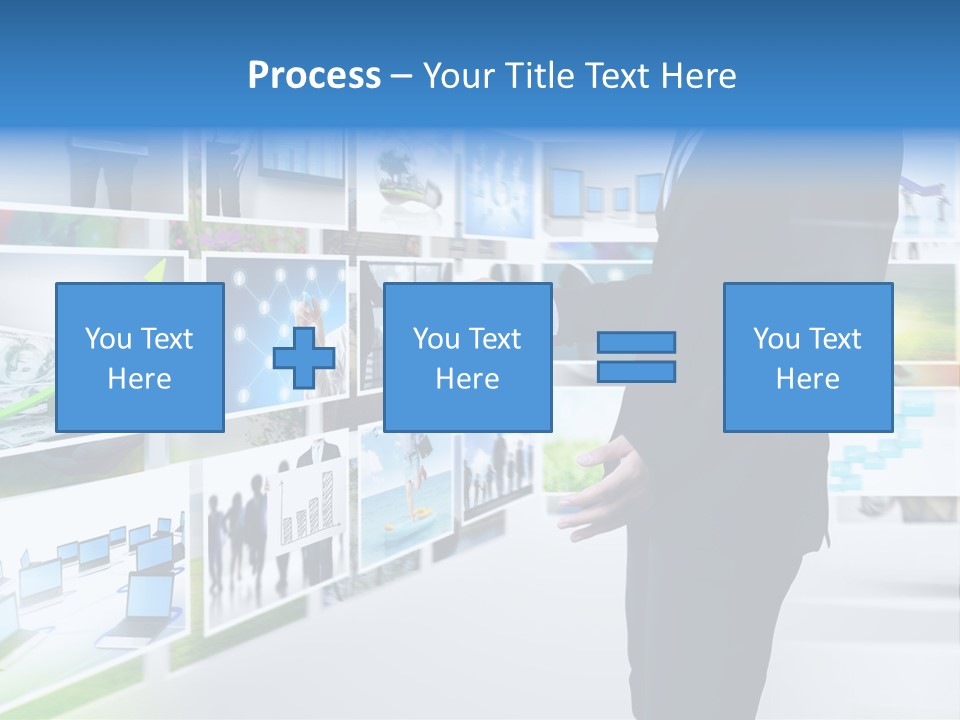 A Man In A Suit Pointing To A Wall Of Business Images PowerPoint Template