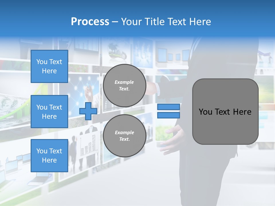 A Man In A Suit Pointing To A Wall Of Business Images PowerPoint Template