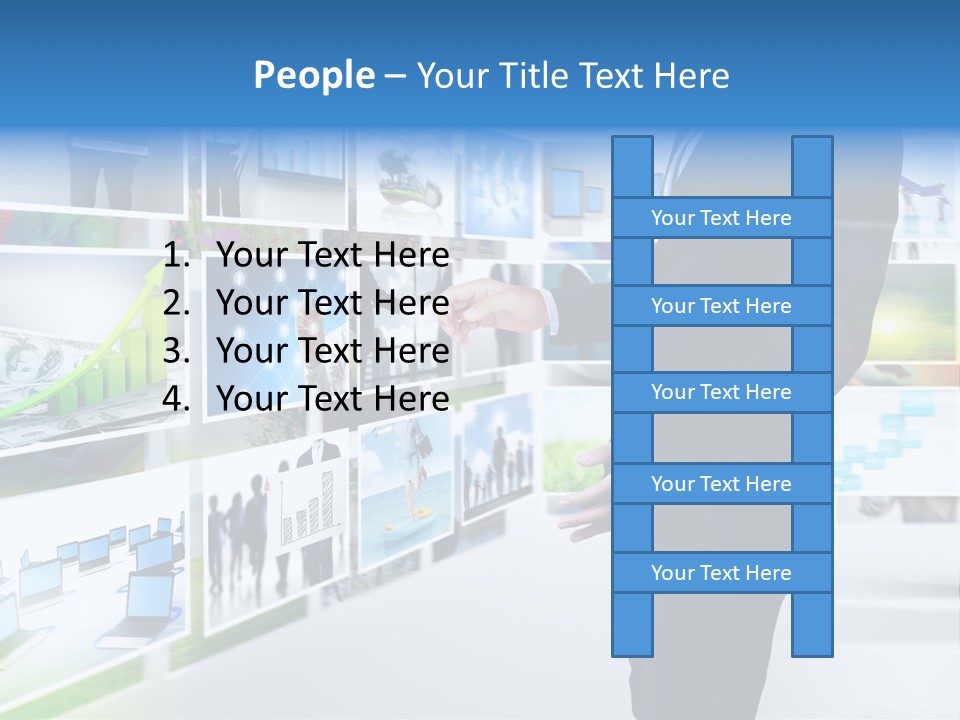 A Man In A Suit Pointing To A Wall Of Business Images PowerPoint Template