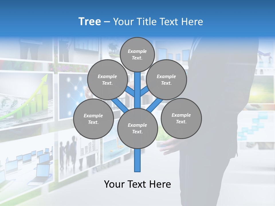 A Man In A Suit Pointing To A Wall Of Business Images PowerPoint Template
