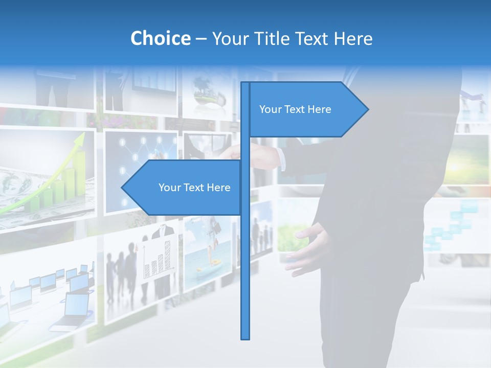 A Man In A Suit Pointing To A Wall Of Business Images PowerPoint Template