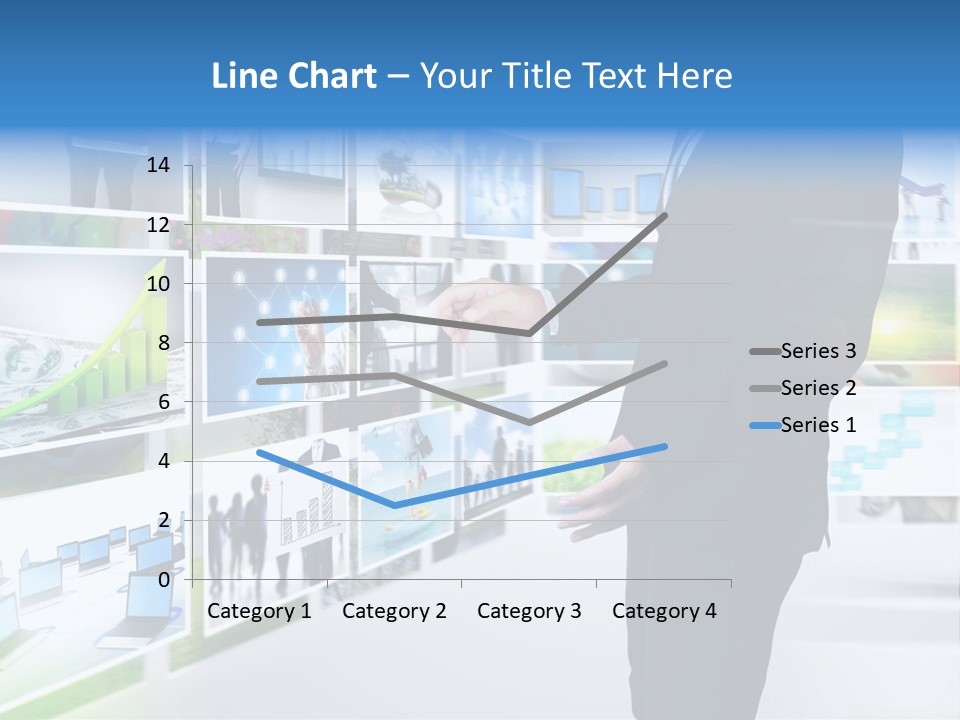 A Man In A Suit Pointing To A Wall Of Business Images PowerPoint Template