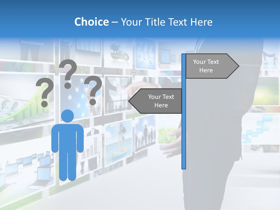 A Man In A Suit Pointing To A Wall Of Business Images PowerPoint Template