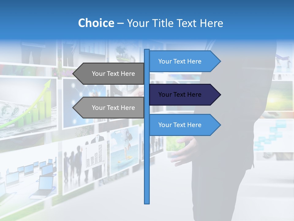A Man In A Suit Pointing To A Wall Of Business Images PowerPoint Template