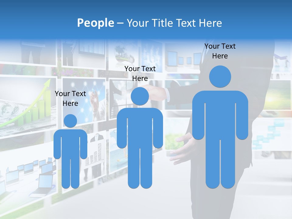 A Man In A Suit Pointing To A Wall Of Business Images PowerPoint Template