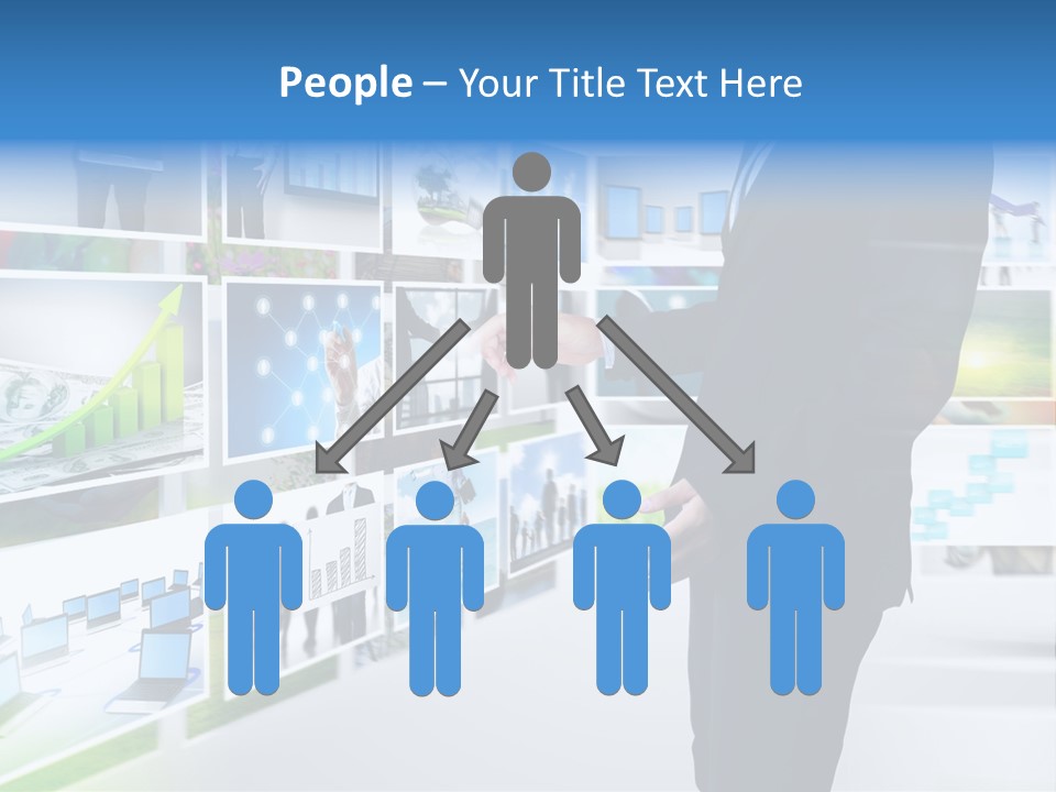 A Man In A Suit Pointing To A Wall Of Business Images PowerPoint Template