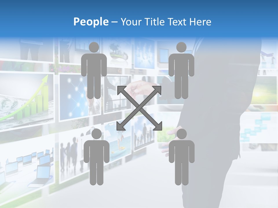 A Man In A Suit Pointing To A Wall Of Business Images PowerPoint Template