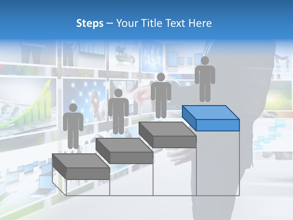 A Man In A Suit Pointing To A Wall Of Business Images PowerPoint Template