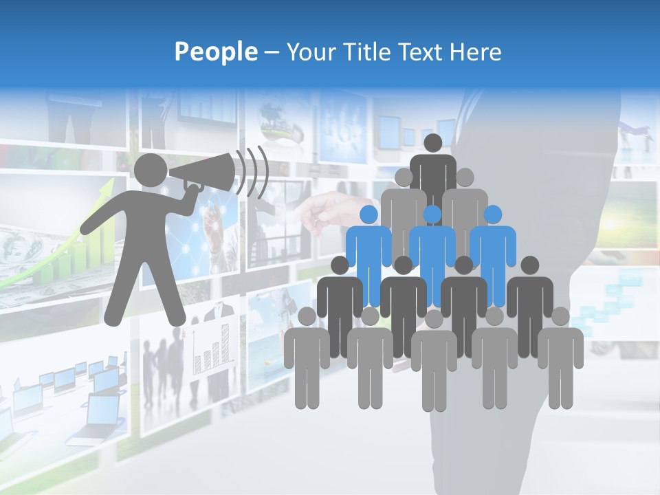 A Man In A Suit Pointing To A Wall Of Business Images PowerPoint Template