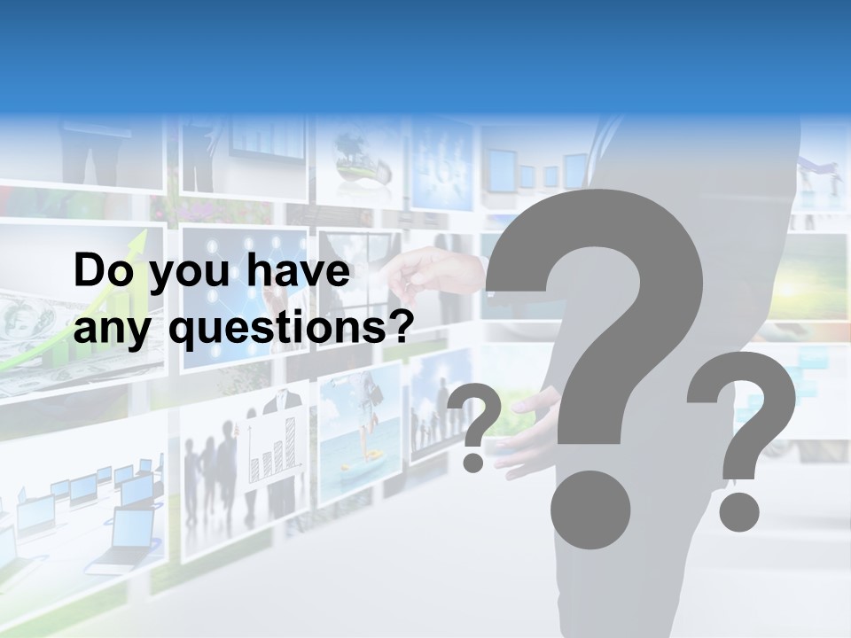 A Man In A Suit Pointing To A Wall Of Business Images PowerPoint Template