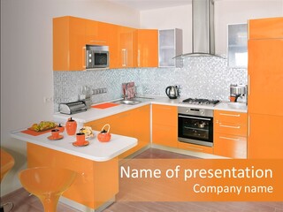 A Kitchen With Orange Cabinets And White Counter Tops PowerPoint Template