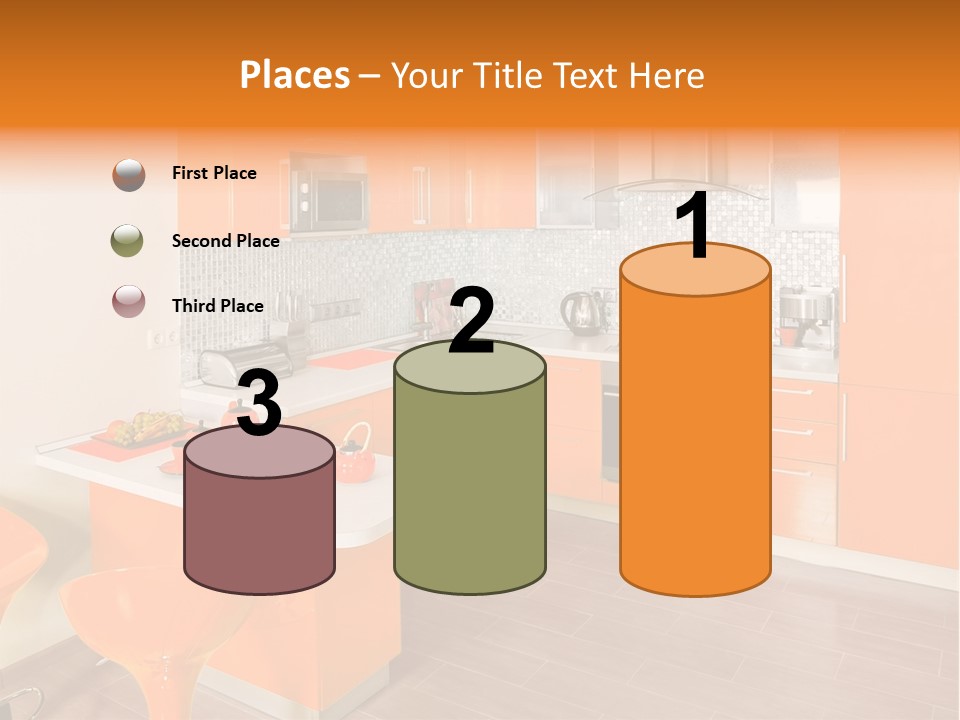 A Kitchen With Orange Cabinets And White Counter Tops PowerPoint Template