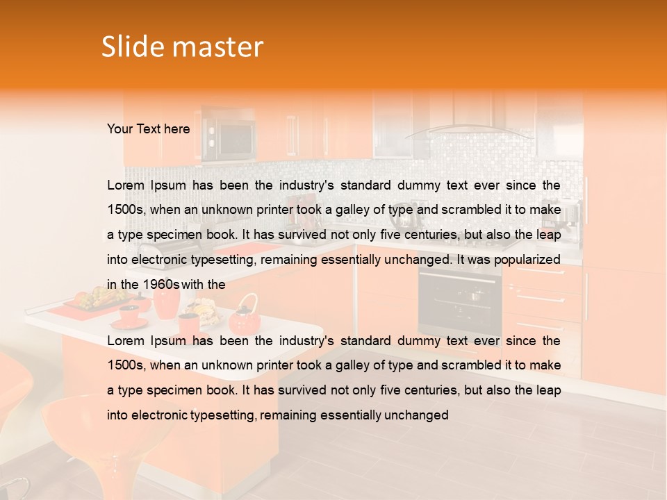 A Kitchen With Orange Cabinets And White Counter Tops PowerPoint Template