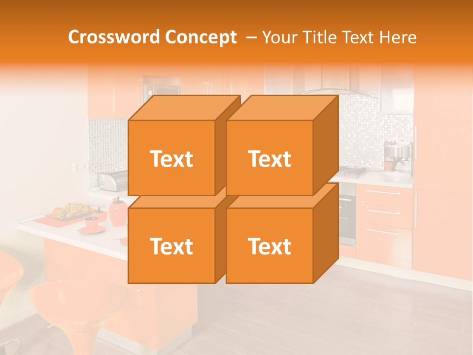 A Kitchen With Orange Cabinets And White Counter Tops PowerPoint Template