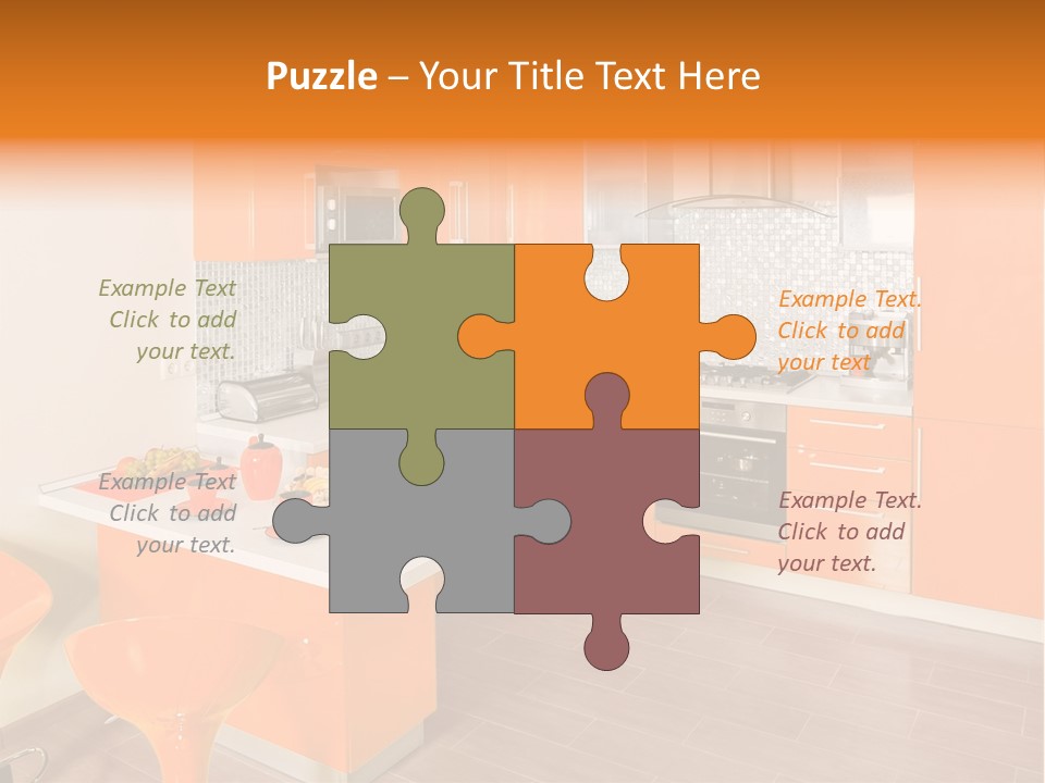 A Kitchen With Orange Cabinets And White Counter Tops PowerPoint Template