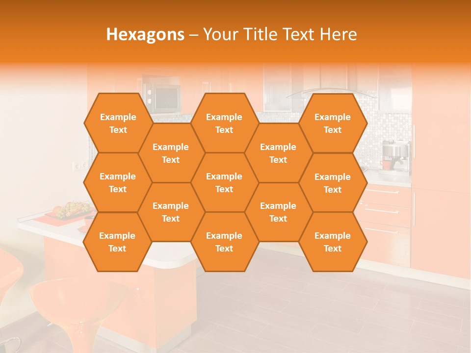 A Kitchen With Orange Cabinets And White Counter Tops PowerPoint Template