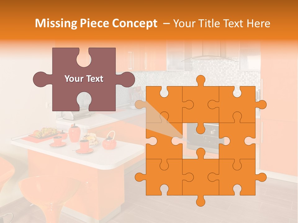 A Kitchen With Orange Cabinets And White Counter Tops PowerPoint Template