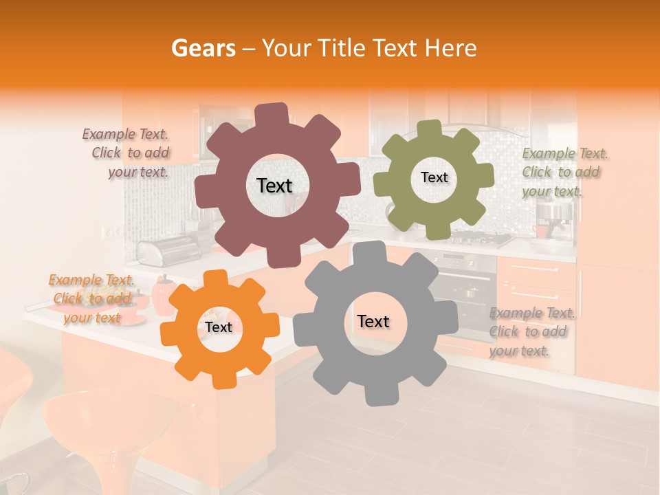 A Kitchen With Orange Cabinets And White Counter Tops PowerPoint Template